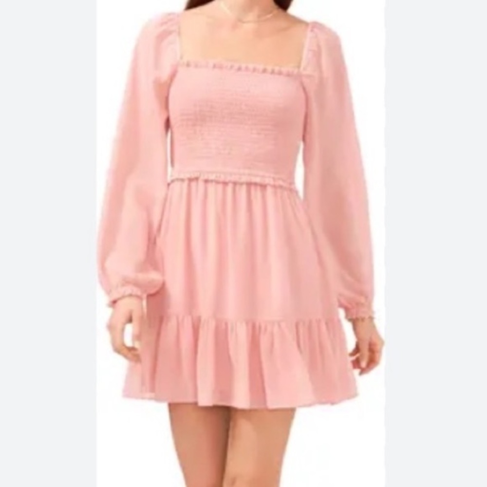 🟠NWT EXLURA Smocked Bodice Ruffle Hem Mini Dress in Salmon LARGE